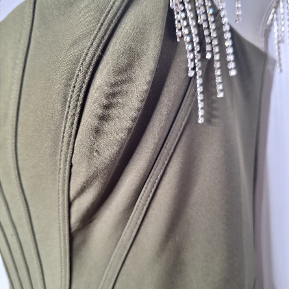 Lavish Alice Bardot Corset Mini Dress Beaded Fringe 8 Prom Swiftie Bling Khaki - Picture 11 of 13